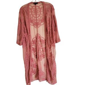 Womens Plus Size Indigo Poppy Pink Sheer Long lace Cover Up in Coral Rose Sz 3X